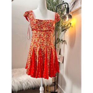 Free People Red Floral Lace Up Back Mini Dress Cap Sleeve Size S
